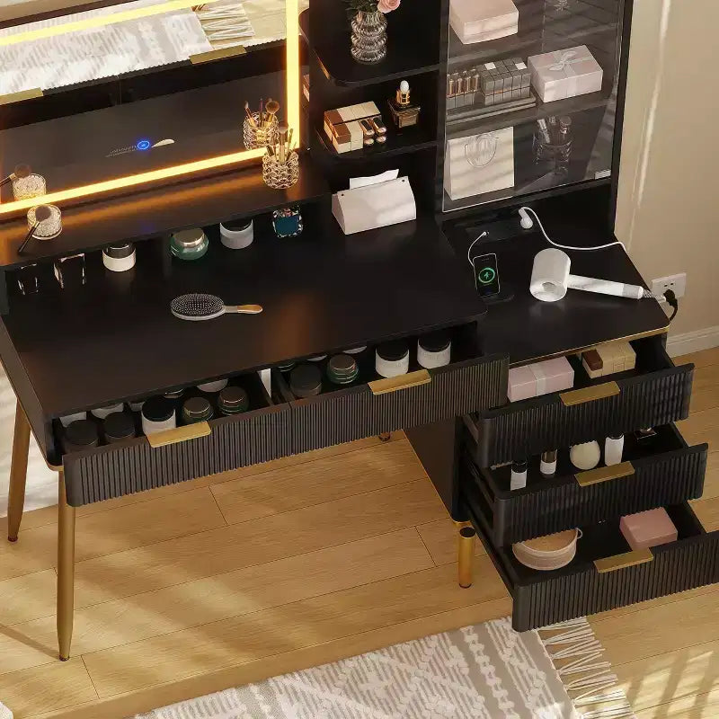 Coiffeuse avec miroir et lumières, meuble de maquillage avec 5 tiroirs et étagères, éclairage 3 couleurs, prise de courant, table de maquillage