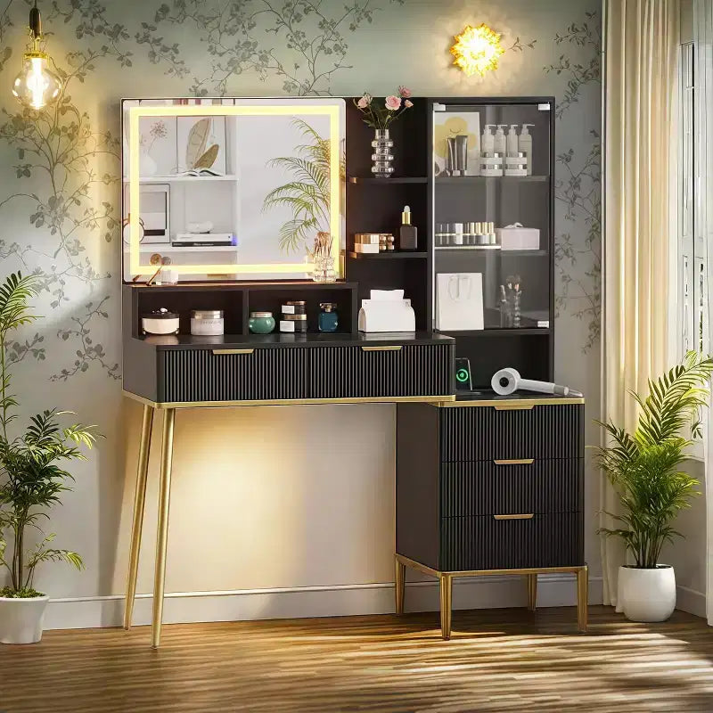 Coiffeuse avec miroir et lumières, meuble de maquillage avec 5 tiroirs et étagères, éclairage 3 couleurs, prise de courant, table de maquillage