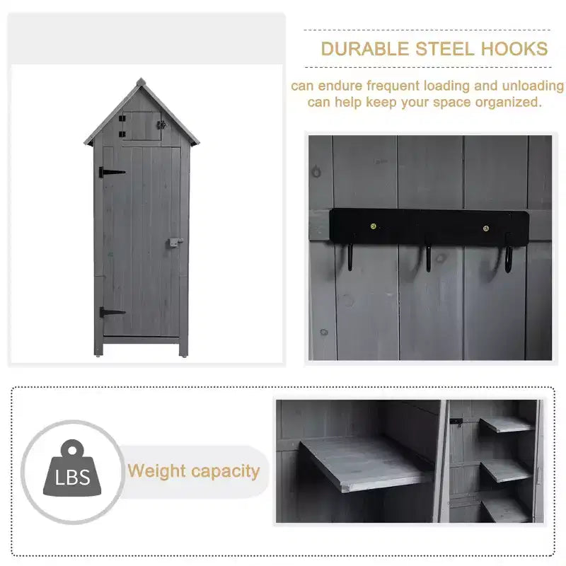 Abri de rangement en bois pour outils, armoire de jardin extérieure avec porte verrouillable, bois de sapin étanche pour patio, pelouse et jardin.