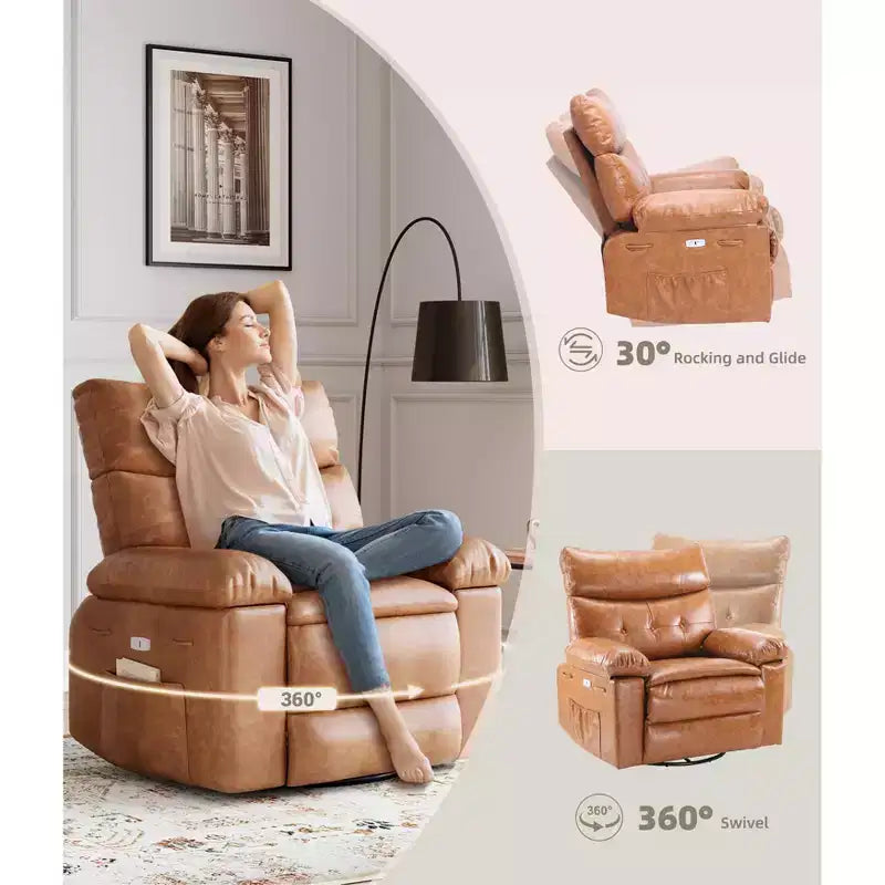 Fauteuil inclinable large surdimensionné - Fauteuil inclinable pivotant à 360 degrés, grand fauteuil inclinable manuel en cuir PU, avec rembourrage en éponge 1,5X et mécanisme d'inclinaison facile