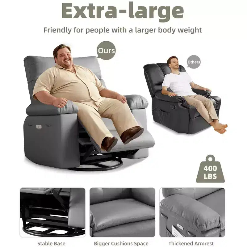 Fauteuil inclinable large surdimensionné - Fauteuil inclinable pivotant à 360 degrés, grand fauteuil inclinable manuel en cuir PU, avec rembourrage en éponge 1,5X et mécanisme d'inclinaison facile