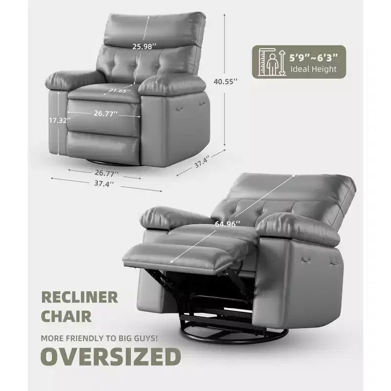 Fauteuil inclinable large surdimensionné - Fauteuil inclinable pivotant à 360 degrés, grand fauteuil inclinable manuel en cuir PU, avec rembourrage en éponge 1,5X et mécanisme d'inclinaison facile
