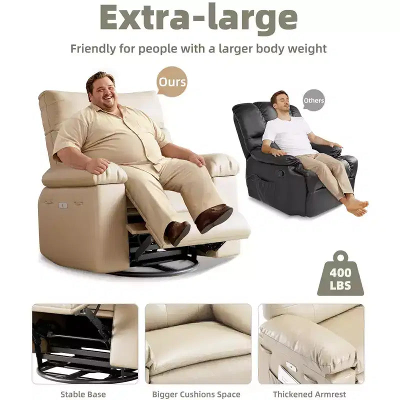 Fauteuil inclinable large surdimensionné - Fauteuil inclinable pivotant à 360 degrés, grand fauteuil inclinable manuel en cuir PU, avec rembourrage en éponge 1,5X et mécanisme d'inclinaison facile