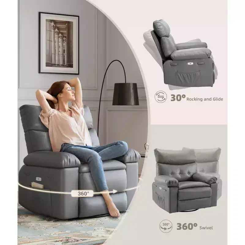 Fauteuil inclinable large surdimensionné - Fauteuil inclinable pivotant à 360 degrés, grand fauteuil inclinable manuel en cuir PU, avec rembourrage en éponge 1,5X et mécanisme d'inclinaison facile