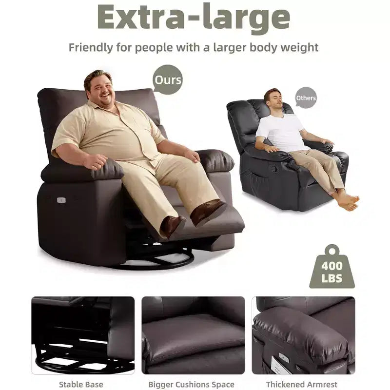 Fauteuil inclinable large surdimensionné - Fauteuil inclinable pivotant à 360 degrés, grand fauteuil inclinable manuel en cuir PU, avec rembourrage en éponge 1,5X et mécanisme d'inclinaison facile