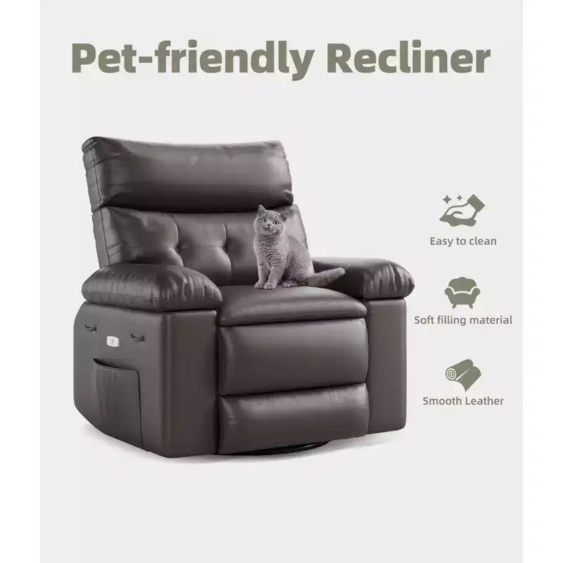 Fauteuil inclinable large surdimensionné - Fauteuil inclinable pivotant à 360 degrés, grand fauteuil inclinable manuel en cuir PU, avec rembourrage en éponge 1,5X et mécanisme d'inclinaison facile