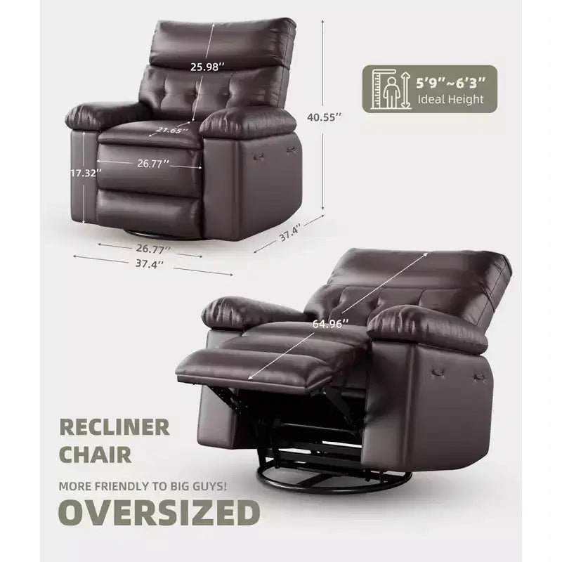 Fauteuil inclinable large surdimensionné - Fauteuil inclinable pivotant à 360 degrés, grand fauteuil inclinable manuel en cuir PU, avec rembourrage en éponge 1,5X et mécanisme d'inclinaison facile