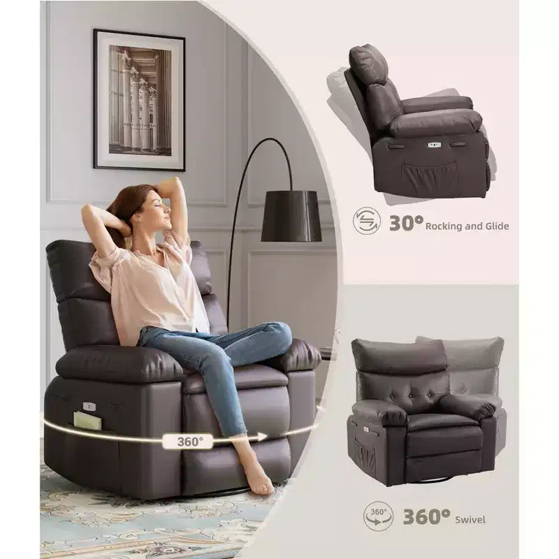 Fauteuil inclinable large surdimensionné - Fauteuil inclinable pivotant à 360 degrés, grand fauteuil inclinable manuel en cuir PU, avec rembourrage en éponge 1,5X et mécanisme d'inclinaison facile