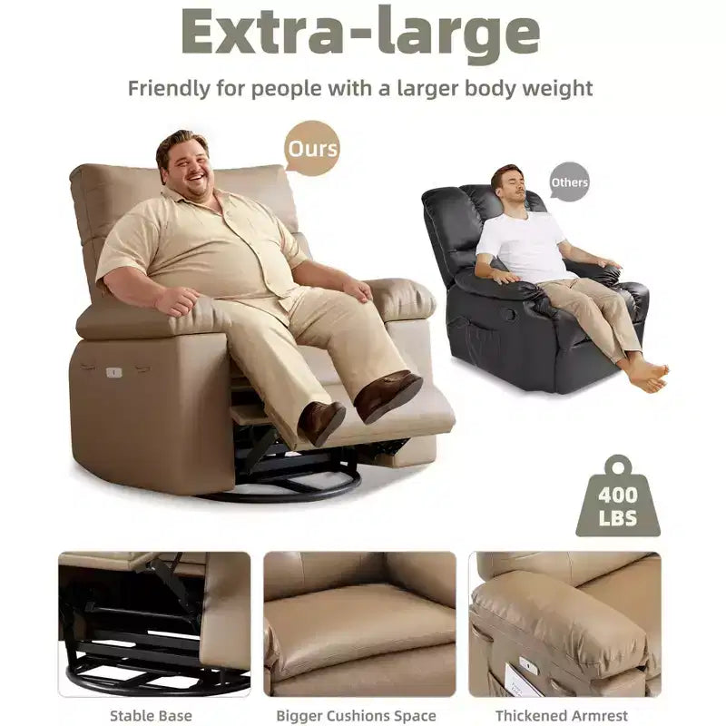 Fauteuil inclinable large surdimensionné - Fauteuil inclinable pivotant à 360 degrés, grand fauteuil inclinable manuel en cuir PU, avec rembourrage en éponge 1,5X et mécanisme d'inclinaison facile