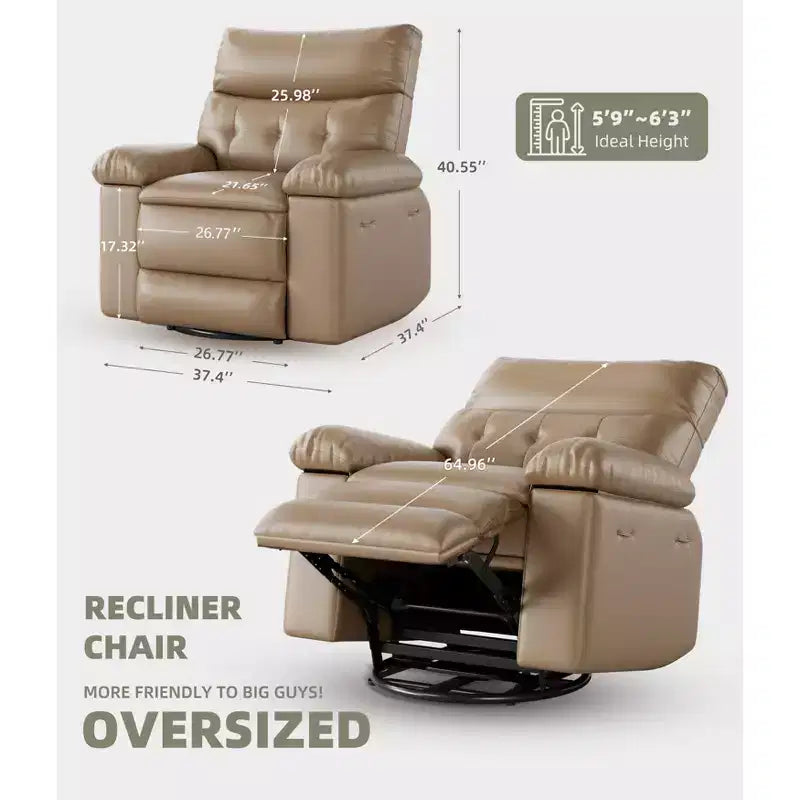 Fauteuil inclinable large surdimensionné - Fauteuil inclinable pivotant à 360 degrés, grand fauteuil inclinable manuel en cuir PU, avec rembourrage en éponge 1,5X et mécanisme d'inclinaison facile