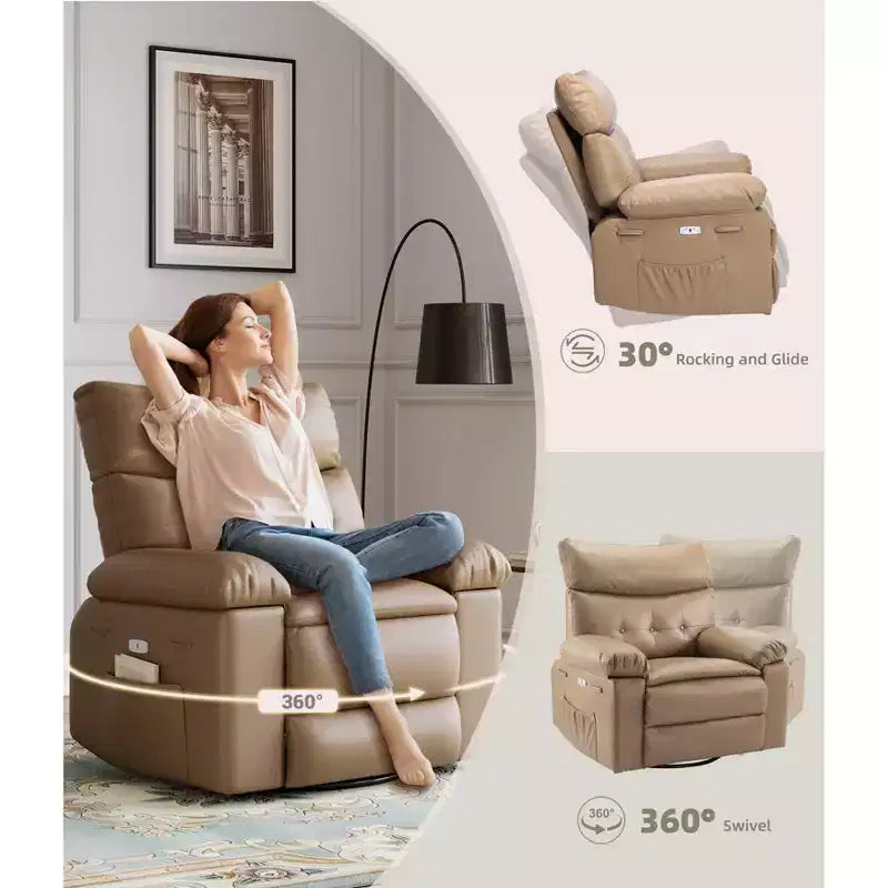 Fauteuil inclinable large surdimensionné - Fauteuil inclinable pivotant à 360 degrés, grand fauteuil inclinable manuel en cuir PU, avec rembourrage en éponge 1,5X et mécanisme d'inclinaison facile