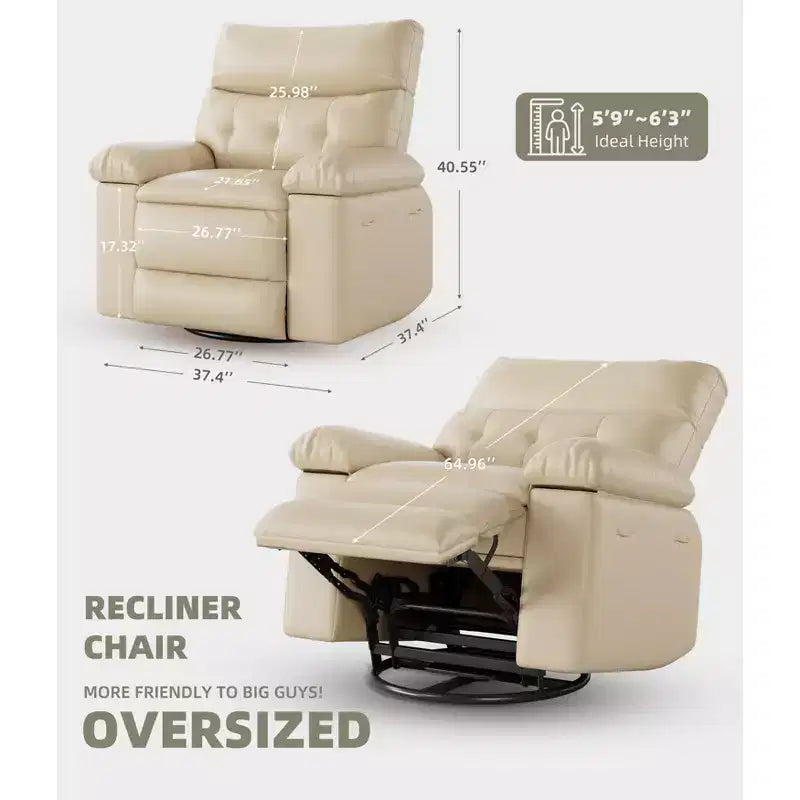 Fauteuil inclinable large surdimensionné - Fauteuil inclinable pivotant à 360 degrés, grand fauteuil inclinable manuel en cuir PU, avec rembourrage en éponge 1,5X et mécanisme d'inclinaison facile