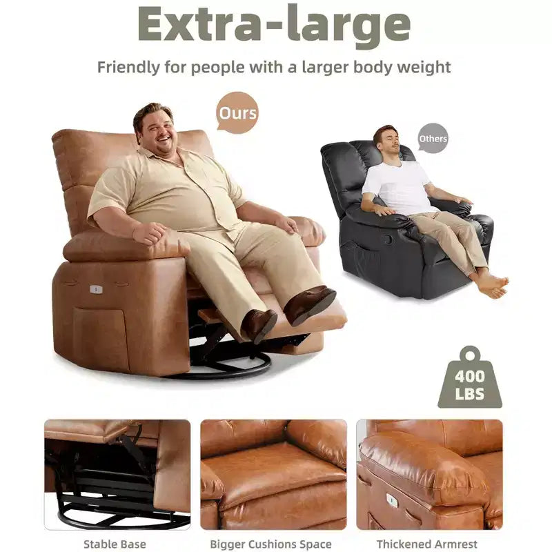 Fauteuil inclinable large surdimensionné - Fauteuil inclinable pivotant à 360 degrés, grand fauteuil inclinable manuel en cuir PU, avec rembourrage en éponge 1,5X et mécanisme d'inclinaison facile
