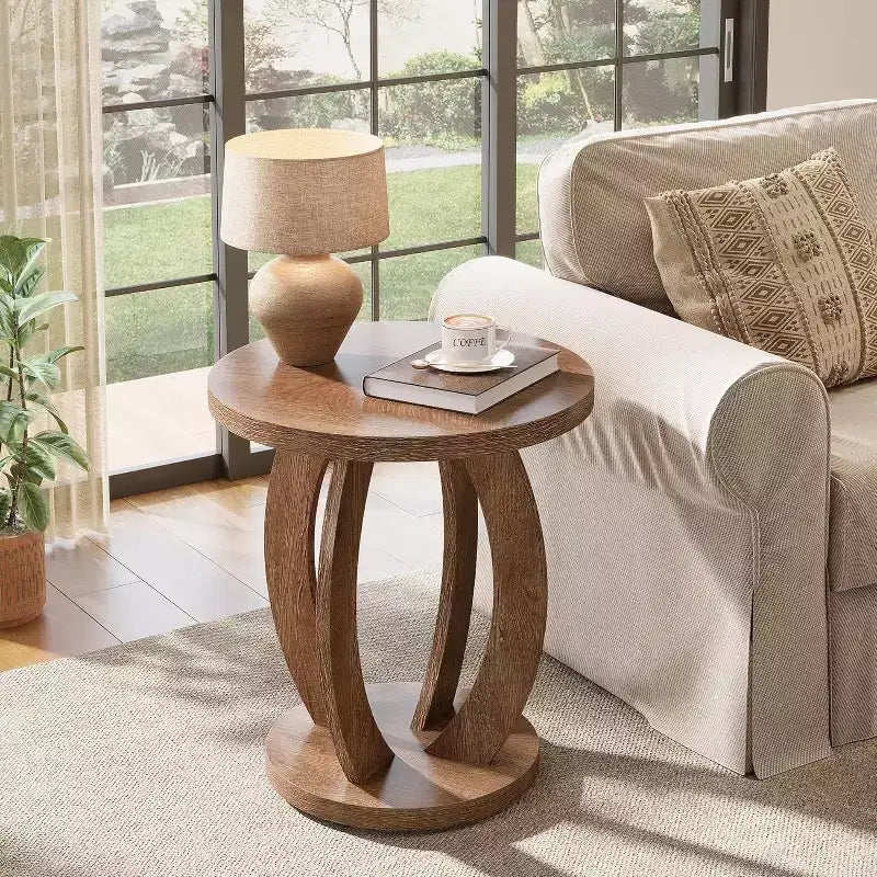 Table d'appoint ronde avec rangement, table de chevet ou table d'appoint de style rustique pour salon, chambre à coucher, petite table d'appoint en bois marron rustique