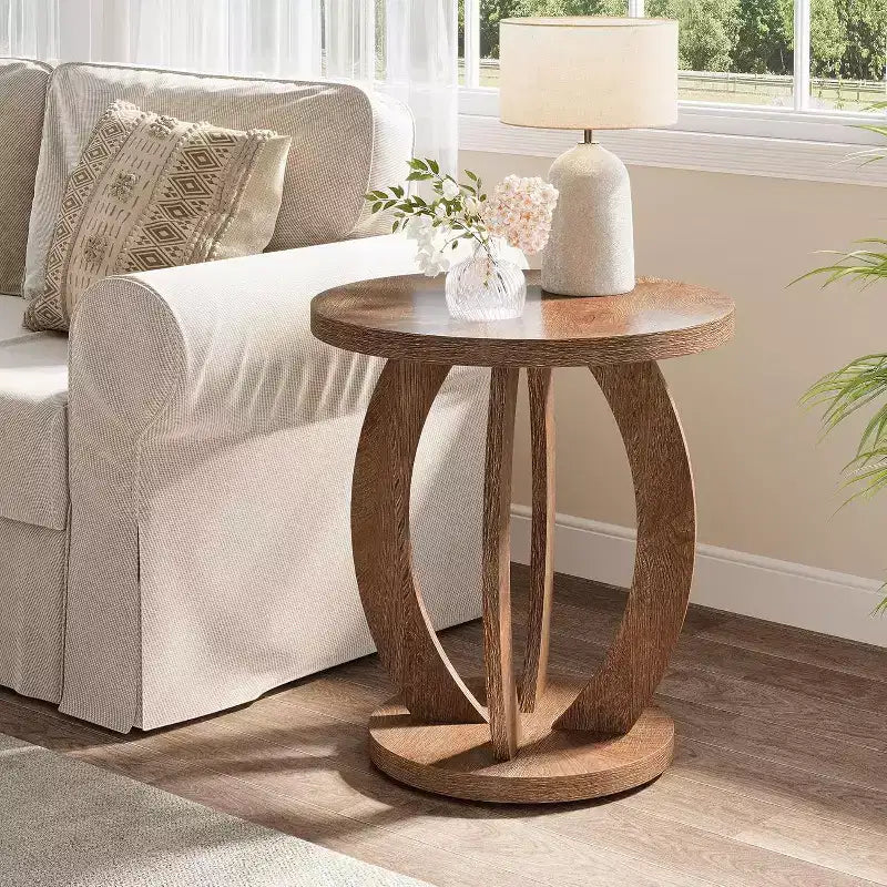 Table d'appoint ronde avec rangement, table de chevet ou table d'appoint de style rustique pour salon, chambre à coucher, petite table d'appoint en bois marron rustique