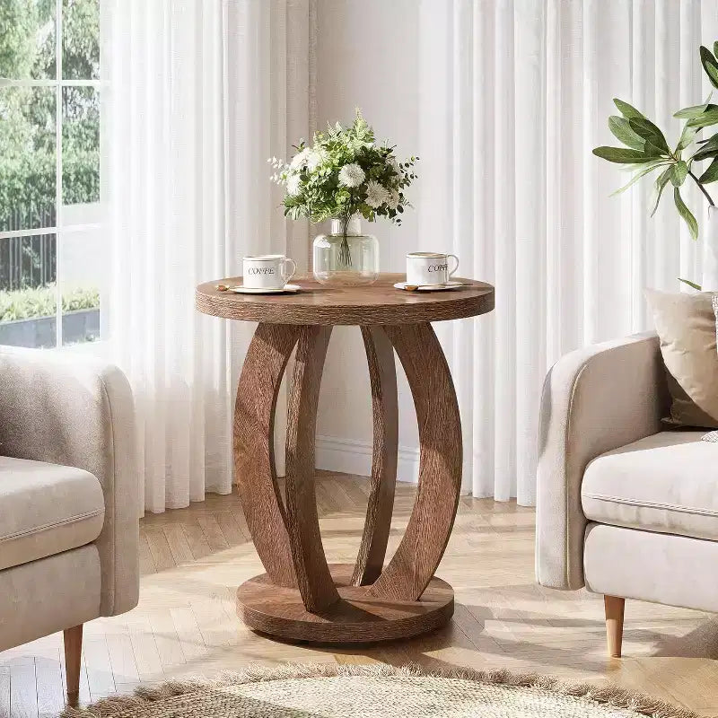 Table d'appoint ronde avec rangement, table de chevet ou table d'appoint de style rustique pour salon, chambre à coucher, petite table d'appoint en bois marron rustique