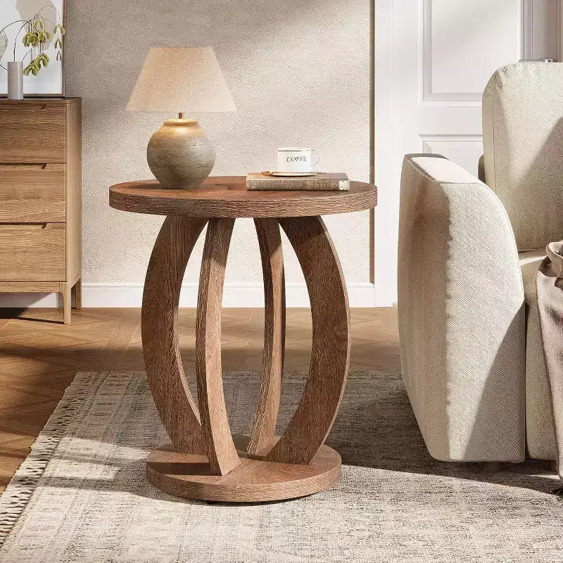 Table d'appoint ronde avec rangement, table de chevet ou table d'appoint de style rustique pour salon, chambre à coucher, petite table d'appoint en bois marron rustique