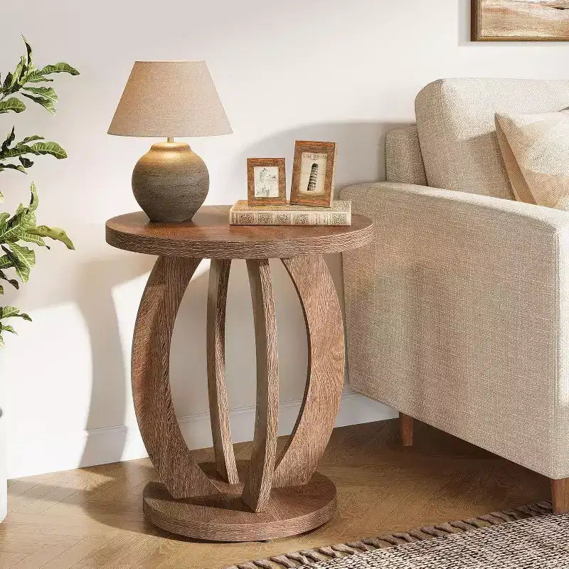 Table d'appoint ronde avec rangement, table de chevet ou table d'appoint de style rustique pour salon, chambre à coucher, petite table d'appoint en bois marron rustique