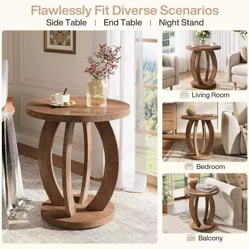 Table d'appoint ronde avec rangement, table de chevet ou table d'appoint de style rustique pour salon, chambre à coucher, petite table d'appoint en bois marron rustique