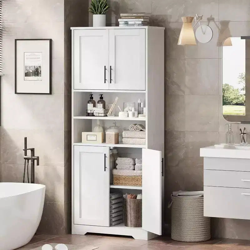 Armoire de rangement de 170 cm de hauteur avec étagères réglables, colonne de salle de bain moderne avec portes et étagères ouvertes, blanche
