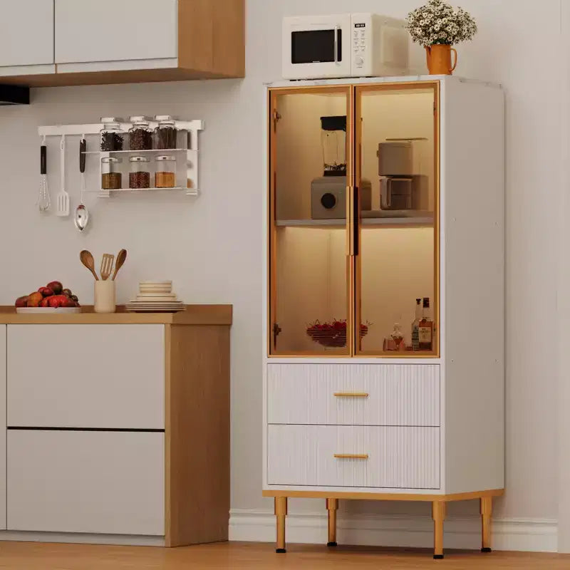 Meuble de rangement cannelé avec porte en verre et 2 tiroirs, Armoire de rangement moderne avec vitrine, Meuble de rangement de cuisine avec étagères réglables pour objets de collection