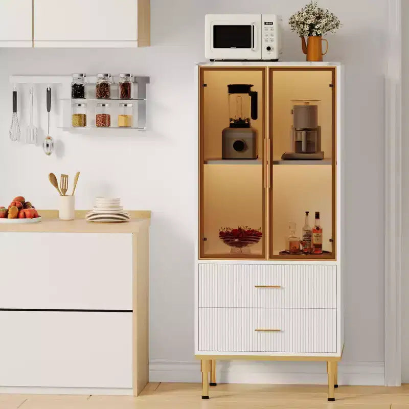 Meuble de rangement cannelé avec porte en verre et 2 tiroirs, Armoire de rangement moderne avec vitrine, Meuble de rangement de cuisine avec étagères réglables pour objets de collection