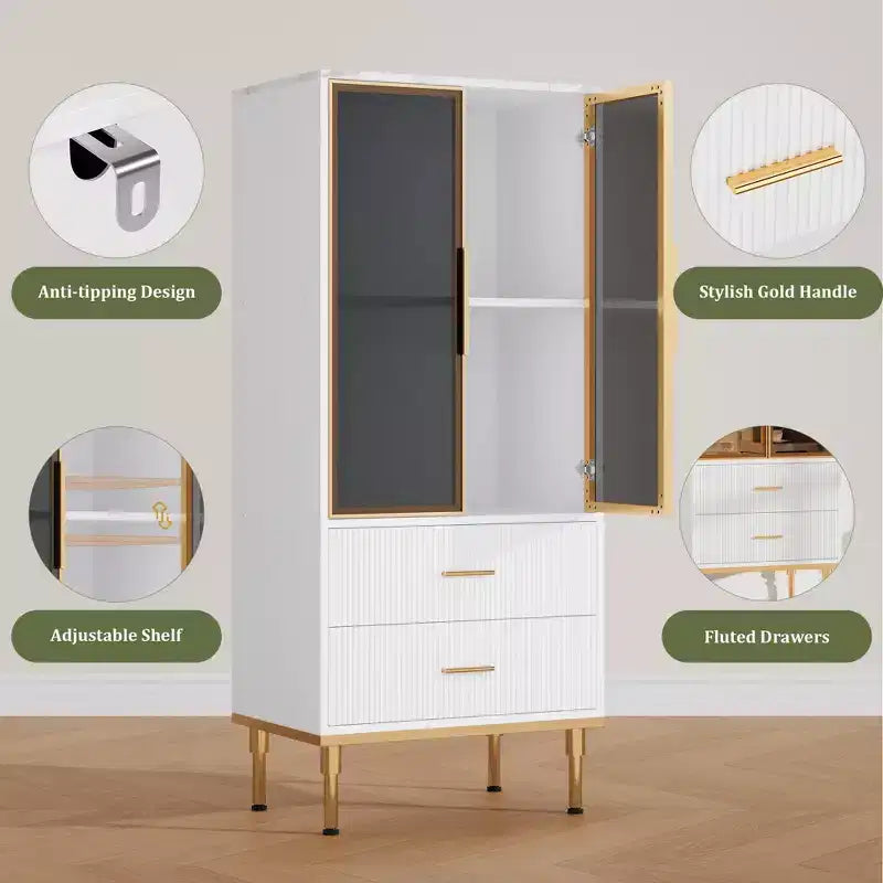 Meuble de rangement cannelé avec porte en verre et 2 tiroirs, Armoire de rangement moderne avec vitrine, Meuble de rangement de cuisine avec étagères réglables pour objets de collection