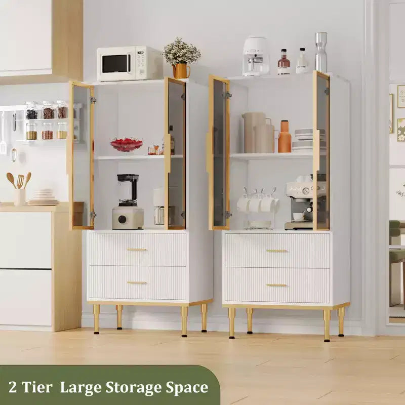 Meuble de rangement cannelé avec porte en verre et 2 tiroirs, Armoire de rangement moderne avec vitrine, Meuble de rangement de cuisine avec étagères réglables pour objets de collection