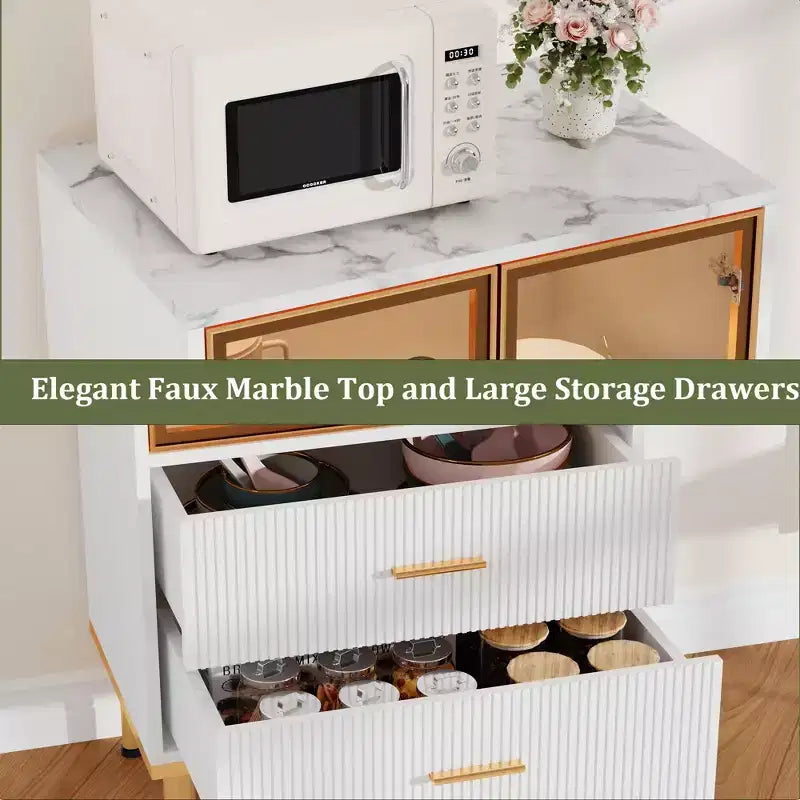 Meuble de rangement cannelé avec porte en verre et 2 tiroirs, Armoire de rangement moderne avec vitrine, Meuble de rangement de cuisine avec étagères réglables pour objets de collection