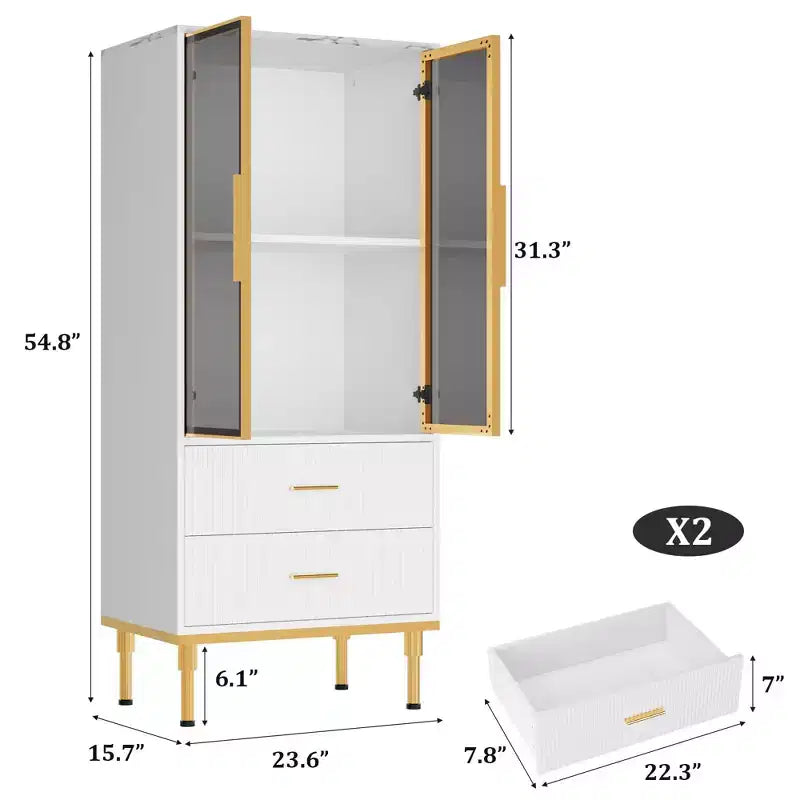 Meuble de rangement cannelé avec porte en verre et 2 tiroirs, Armoire de rangement moderne avec vitrine, Meuble de rangement de cuisine avec étagères réglables pour objets de collection