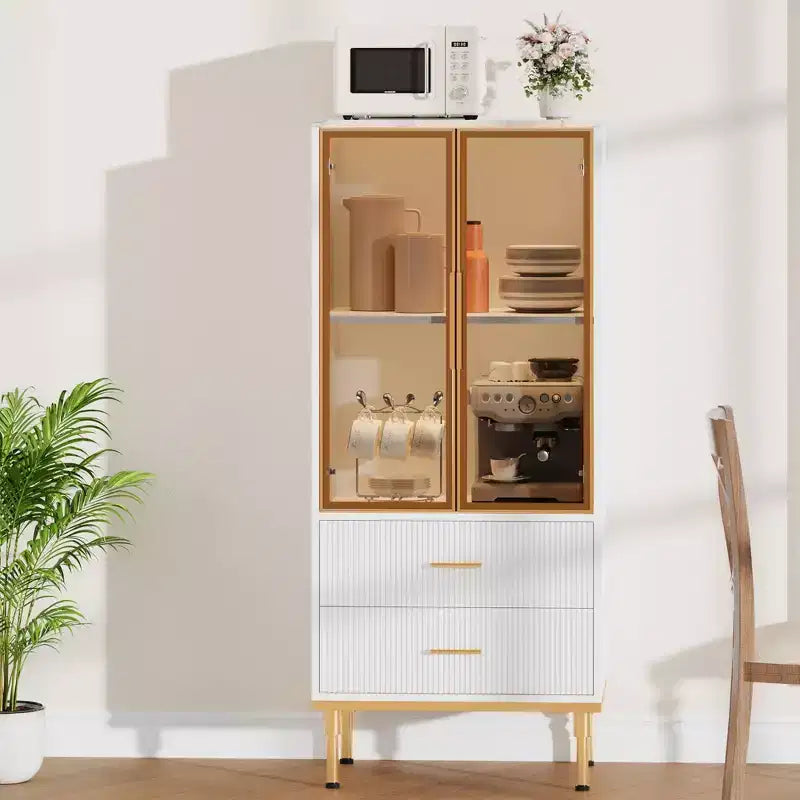 Meuble de rangement cannelé avec porte en verre et 2 tiroirs, Armoire de rangement moderne avec vitrine, Meuble de rangement de cuisine avec étagères réglables pour objets de collection