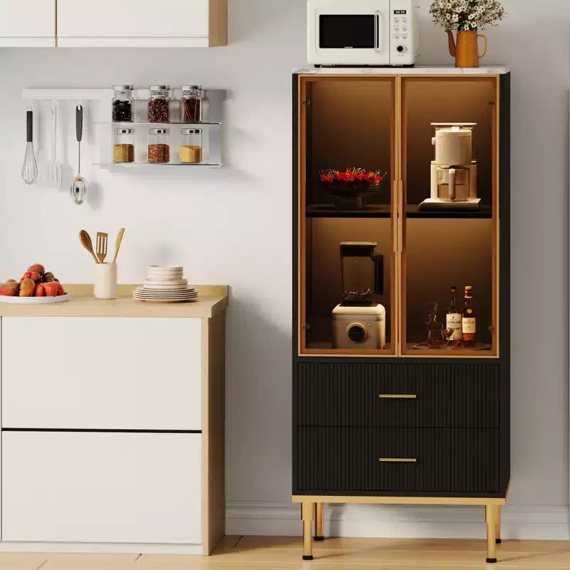 Meuble de rangement cannelé avec porte en verre et 2 tiroirs, Armoire de rangement moderne avec vitrine, Meuble de rangement de cuisine avec étagères réglables pour objets de collection