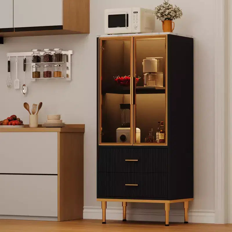 Meuble de rangement cannelé avec porte en verre et 2 tiroirs, Armoire de rangement moderne avec vitrine, Meuble de rangement de cuisine avec étagères réglables pour objets de collection