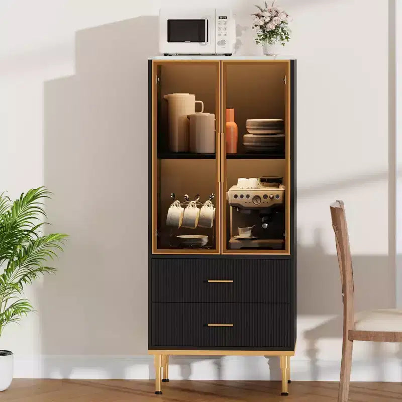 Meuble de rangement cannelé avec porte en verre et 2 tiroirs, Armoire de rangement moderne avec vitrine, Meuble de rangement de cuisine avec étagères réglables pour objets de collection