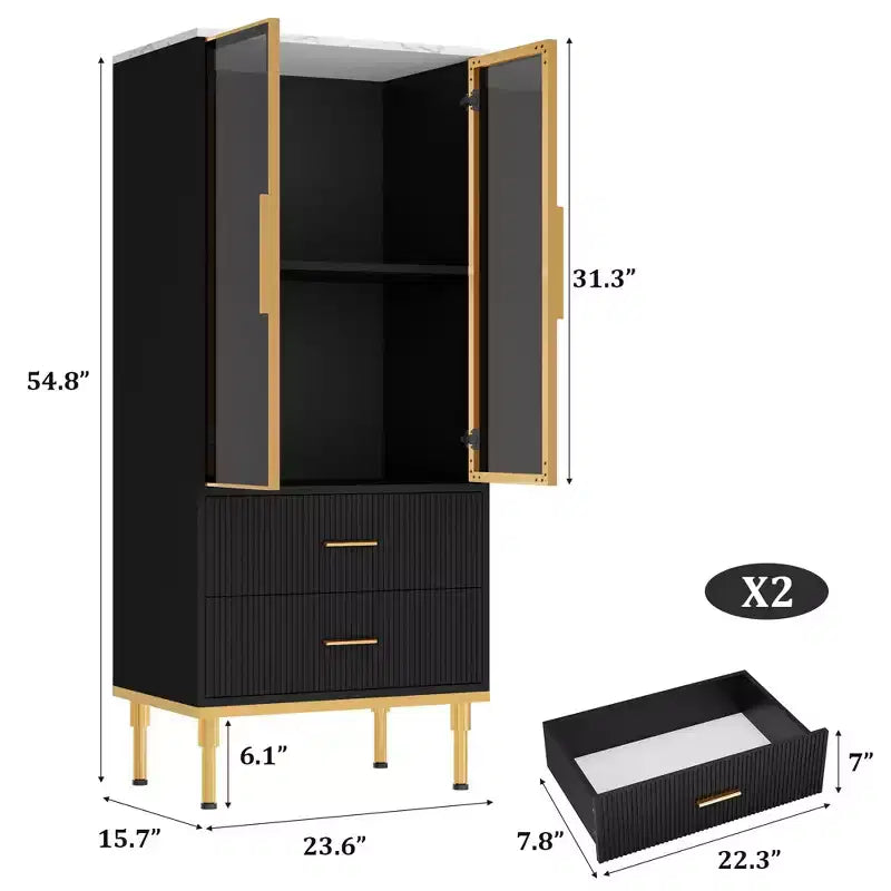 Meuble de rangement cannelé avec porte en verre et 2 tiroirs, Armoire de rangement moderne avec vitrine, Meuble de rangement de cuisine avec étagères réglables pour objets de collection