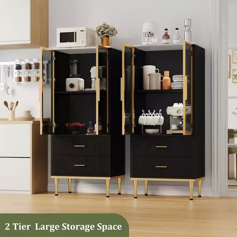 Meuble de rangement cannelé avec porte en verre et 2 tiroirs, Armoire de rangement moderne avec vitrine, Meuble de rangement de cuisine avec étagères réglables pour objets de collection