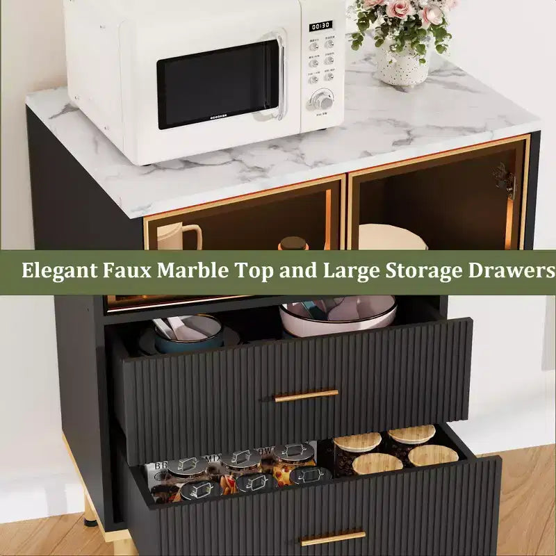 Meuble de rangement cannelé avec porte en verre et 2 tiroirs, Armoire de rangement moderne avec vitrine, Meuble de rangement de cuisine avec étagères réglables pour objets de collection
