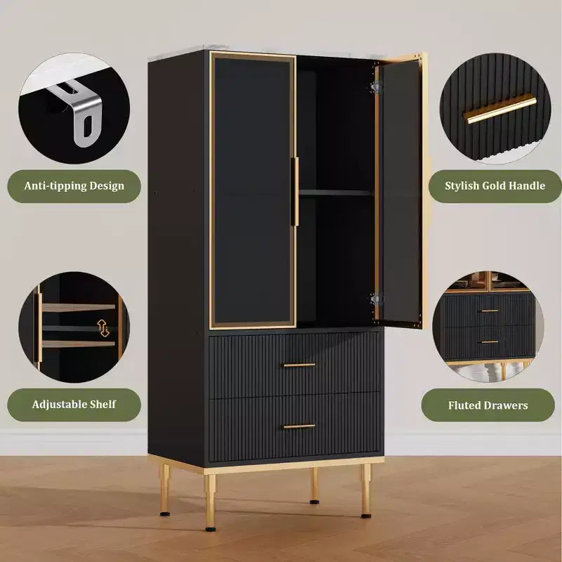 Meuble de rangement cannelé avec porte en verre et 2 tiroirs, Armoire de rangement moderne avec vitrine, Meuble de rangement de cuisine avec étagères réglables pour objets de collection