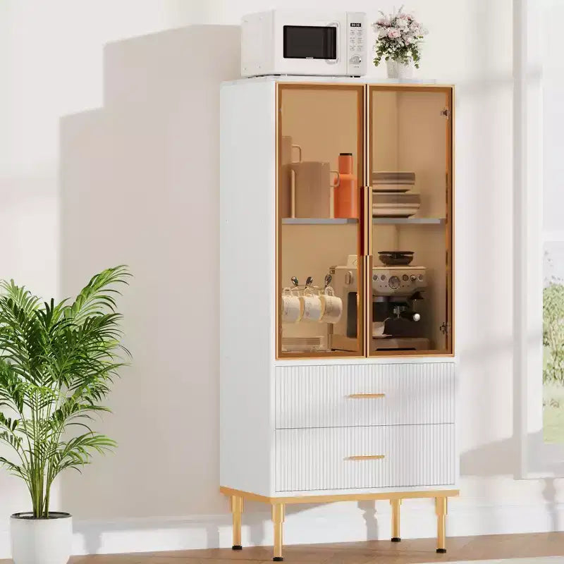 Meuble de rangement cannelé avec porte en verre et 2 tiroirs, Armoire de rangement moderne avec vitrine, Meuble de rangement de cuisine avec étagères réglables pour objets de collection