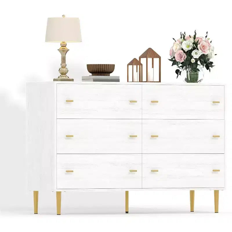 Commode de ferme 6 tiroirs de 120 cm, commode rustique en bois avec grands tiroirs et poignées barre pour chambre, salon, couloir