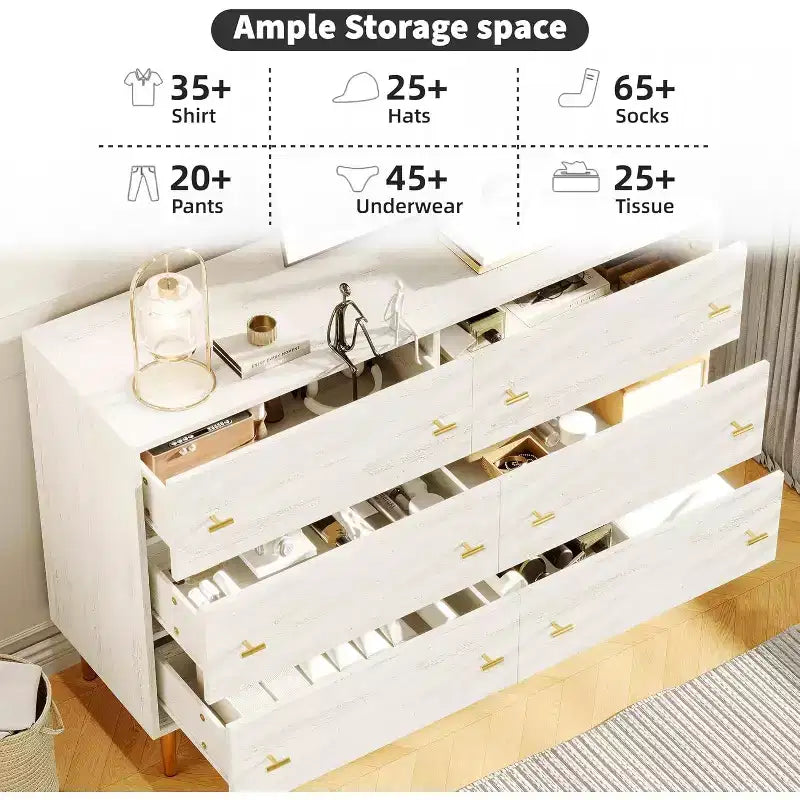 Commode de ferme 6 tiroirs de 120 cm, commode rustique en bois avec grands tiroirs et poignées barre pour chambre, salon, couloir
