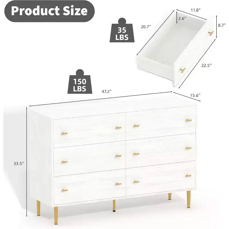 Commode de ferme 6 tiroirs de 120 cm, commode rustique en bois avec grands tiroirs et poignées barre pour chambre, salon, couloir