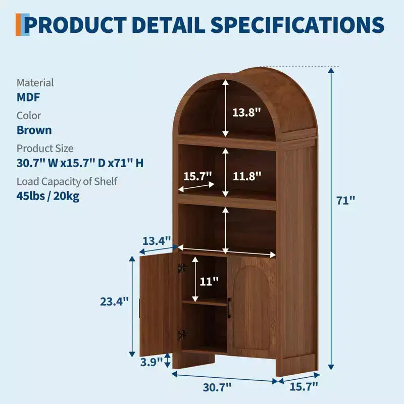 Bibliothèque haute de 180 cm avec portes cannelées et étagères ouvertes, meuble de rangement moderne à 5 niveaux pour bureau, salle à manger, salon.