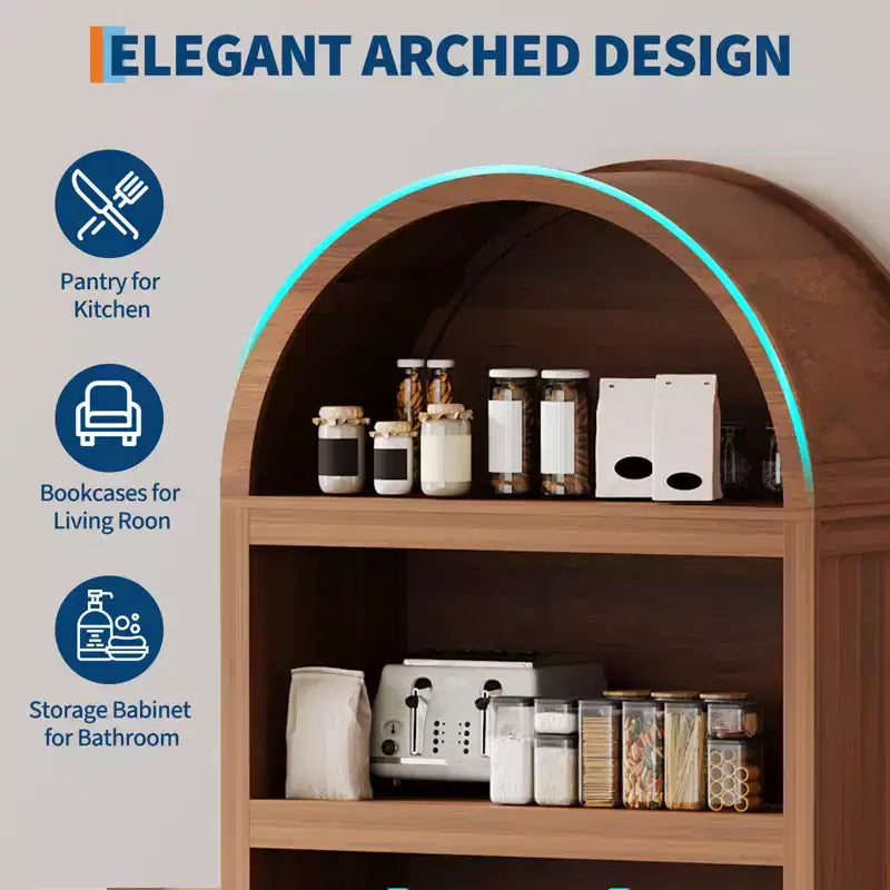 Bibliothèque haute de 180 cm avec portes cannelées et étagères ouvertes, meuble de rangement moderne à 5 niveaux pour bureau, salle à manger, salon.