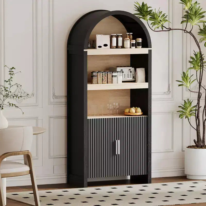 Bibliothèque haute de 180 cm avec portes cannelées et étagères ouvertes, meuble de rangement moderne à 5 niveaux pour bureau, salle à manger, salon.
