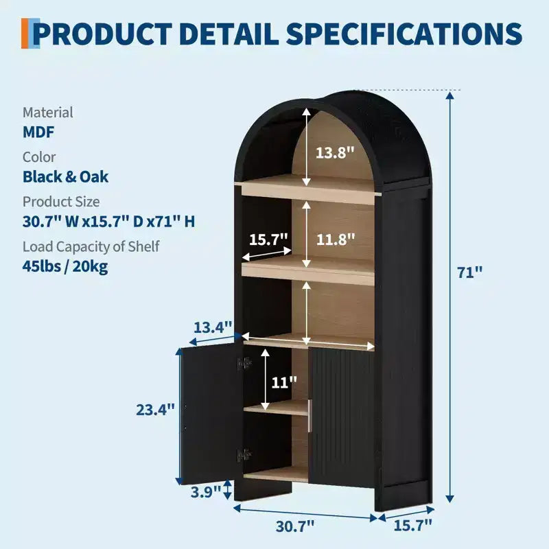 Bibliothèque haute de 180 cm avec portes cannelées et étagères ouvertes, meuble de rangement moderne à 5 niveaux pour bureau, salle à manger, salon.