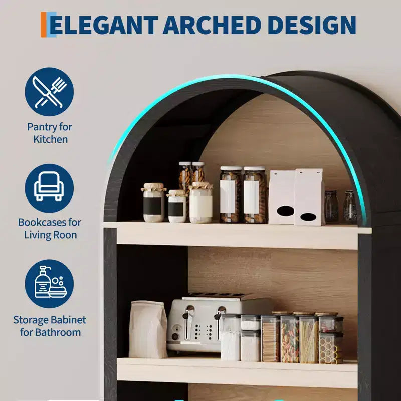 Bibliothèque haute de 180 cm avec portes cannelées et étagères ouvertes, meuble de rangement moderne à 5 niveaux pour bureau, salle à manger, salon.
