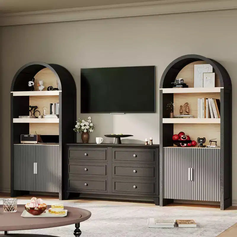 Bibliothèque haute de 180 cm avec portes cannelées et étagères ouvertes, meuble de rangement moderne à 5 niveaux pour bureau, salle à manger, salon.