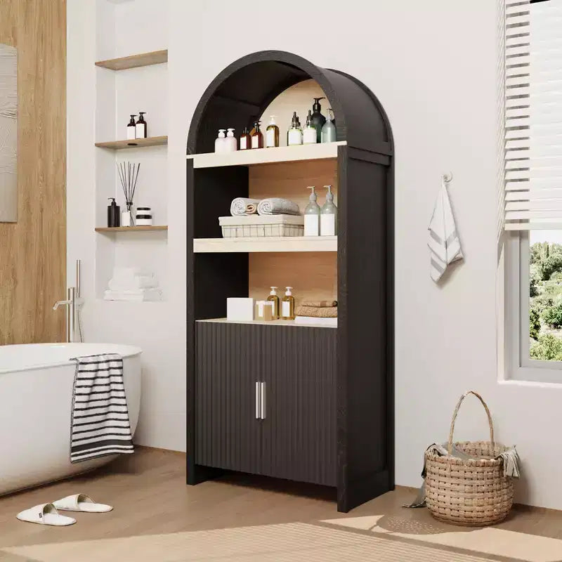 Bibliothèque haute de 180 cm avec portes cannelées et étagères ouvertes, meuble de rangement moderne à 5 niveaux pour bureau, salle à manger, salon.