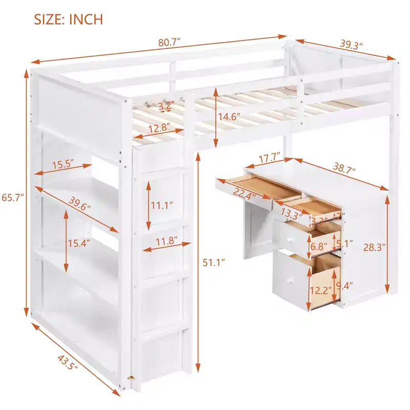 Lit mezzanine avec bureau et 4 tiroirs de rangement et 3 étagères, lit mezzanine surélevé avec bureau en L pour enfants, adolescents et adultes